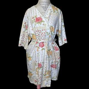 Carole Hochman Floral Print Women's Short Robe Cottagecore White Green Pink XL